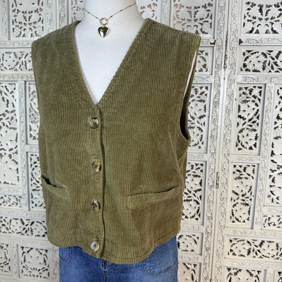 Vintage Harve Benard Petite Olive Green Button Up Corduroy Vest Sz M/L - Picture 2 of 8